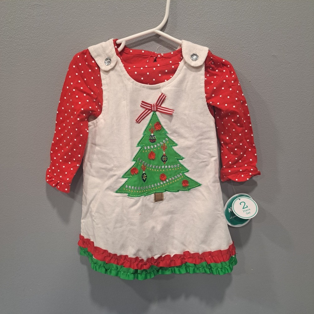 Nannette Baby Christmas Tree Corduroy Jumper Polka Dot Bodysuit Set Holiday Cute